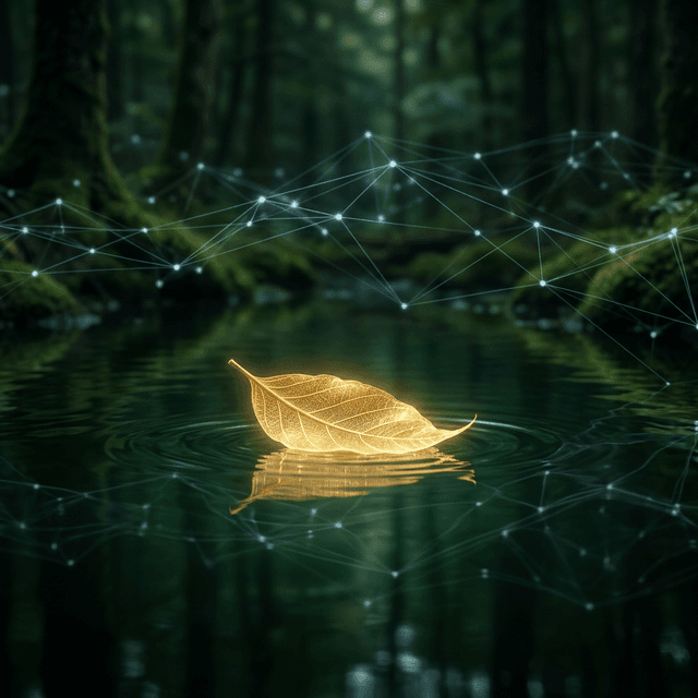 Serene golden leaf over forest water - AI Ayurvedic technology